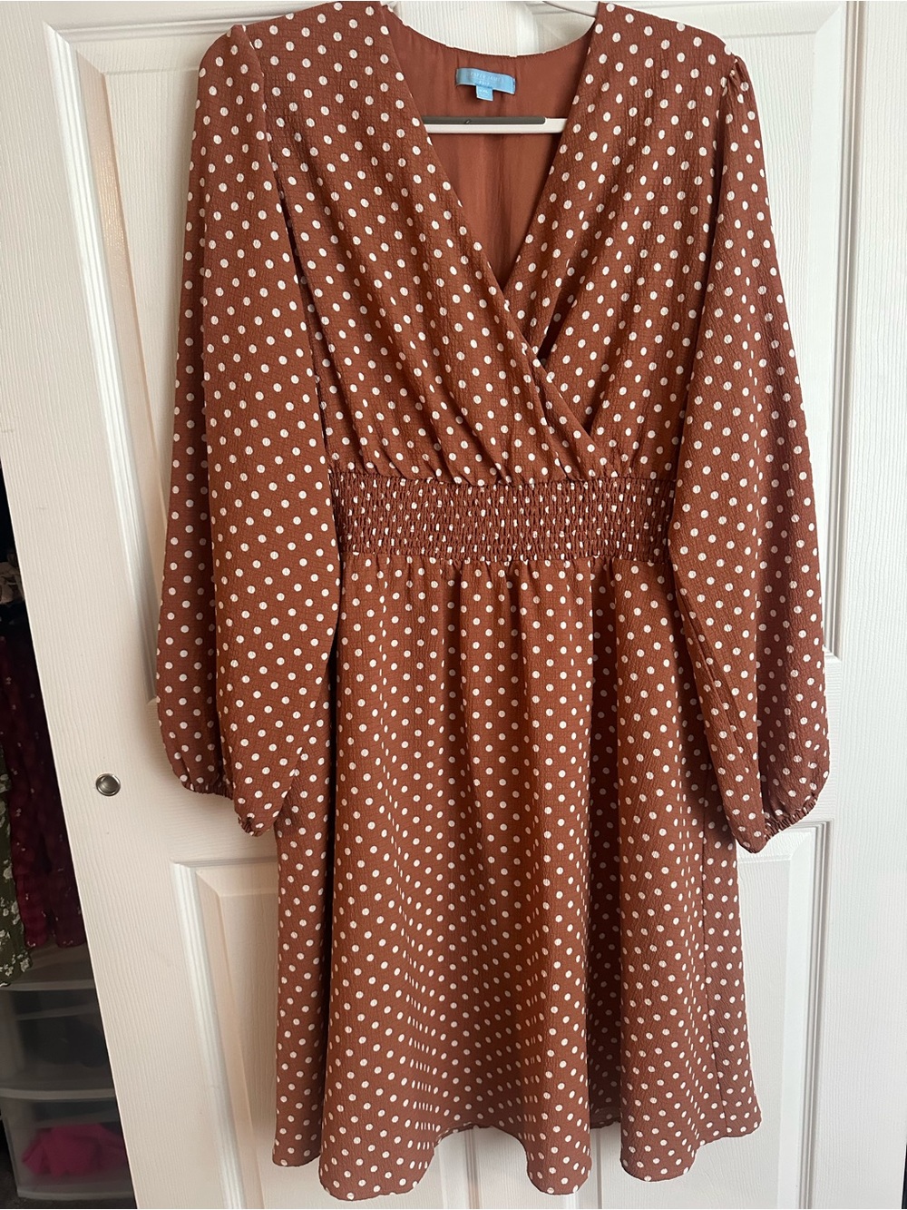 Draper James Rust Polka Dot Smocked-Waist Long Sleeve Dress